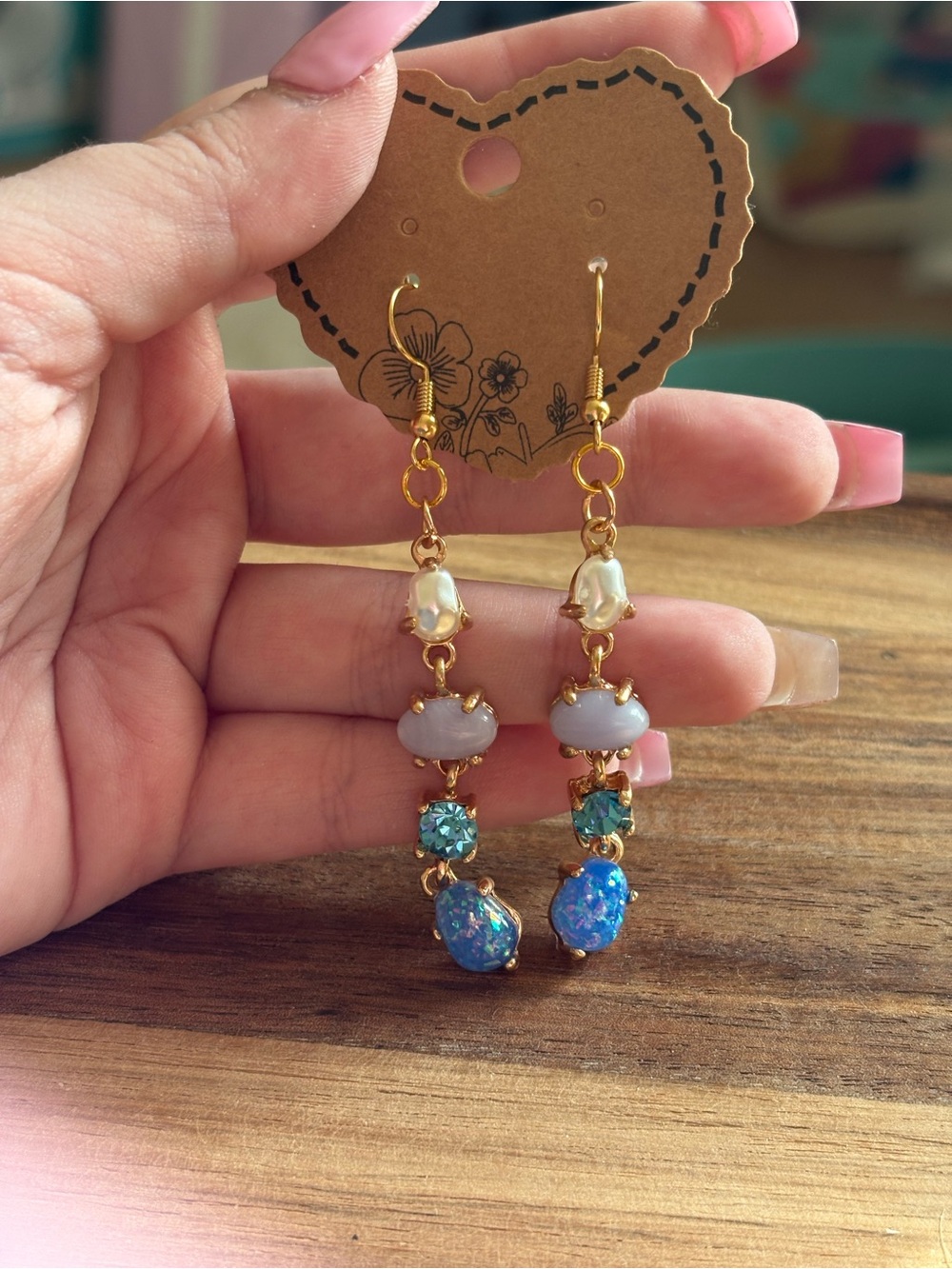 Handmade Gold Drop Earrings with Opal Blue & Teal Accents